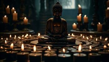 Meditating Buddha sits in glowing candlelight, symbol of tranquility generated by AI photo