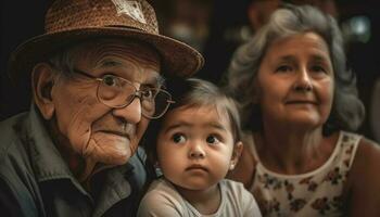 Multi generation family bonding outdoors, love and togetherness captured smiling generated by AI photo