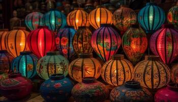 Vibrant lanterns illuminate night, showcasing diverse cultures and traditions generated by AI photo