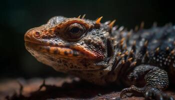 Lizard scales patterned in multi colored hues crawl on forest branch generated by AI photo