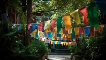 Bright lanterns illuminate joyful summer party in vibrant forest setting generated by AI photo