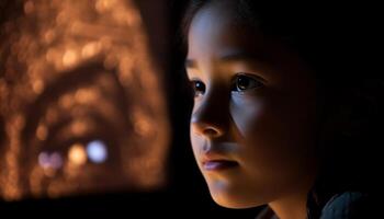 Smiling child looking at camera, illuminated by backlit window generated by AI photo