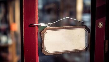 Rustic store entrance with old fashioned sign hanging on wooden frame generated by AI photo