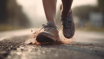 corriendo al aire libre, uno persona, Deportes zapato, sano estilo de vida, movimiento generado por ai foto