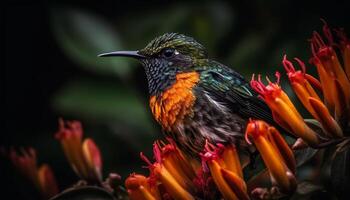 Hummingbird perching on branch, pollinating single flower in tropical climate generated by AI photo