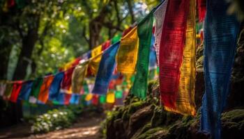 Vibrant Tibetan culture prayer flags hanging in a row outdoors generated by AI photo