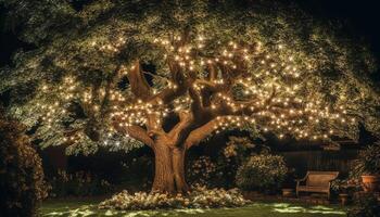 Illuminated tree branches glow in the dark winter night sky generated by AI photo