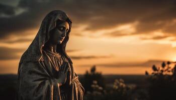 Silhouette of praying woman at dusk with gothic architecture generated by AI photo