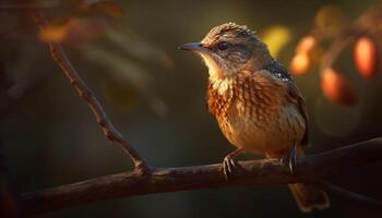 Yellow starling perching on branch, singing in tranquil forest generated by AI photo