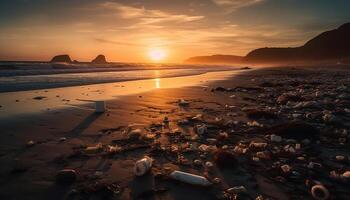 Silhouette of rock at waters edge, sunset golden reflection generated by AI photo