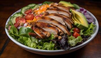 Grilled chicken breast fillet on gourmet Caesar salad plate generated by AI photo