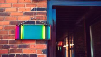 iluminado ladrillo pared con colgando eléctrico lámpara en moderno paisaje urbano generado por ai foto