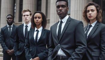 Multi ethnic group of professionals in formalwear standing outdoors confidently generated by AI photo