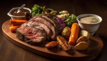 Grilled sirloin steak on rustic plate, ready to eat with vegetables generated by AI photo