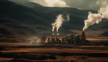 Factory smokestacks pollute environment with coal fumes and fossil fuel generated by AI photo