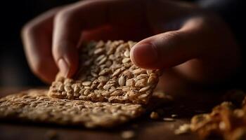 Homemade chocolate oatmeal cookie stack on wooden table indoors generated by AI photo