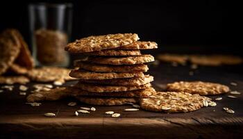 Homemade chocolate chip cookies stacked on rustic wooden table generated by AI photo