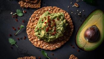 Fresh guacamole dip with cilantro and tomato on wooden plate generated by AI photo