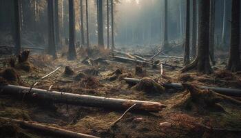 Mystery in nature Spooky fog surrounds burning autumn bonfire generated by AI photo