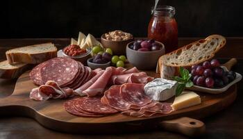 Rustic bread, meat, and cheese tray with fresh fruit variation generated by AI photo