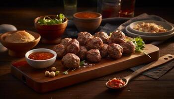 Grilled meatball appetizer on rustic wooden table with fresh tomato generated by AI photo