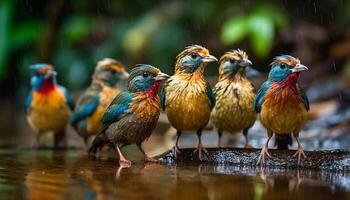 Vibrant male starling perching on wet branch in tropical forest generated by AI photo