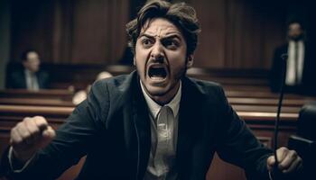 Furious businessman screaming at camera, showing frustration and aggression generated by AI photo