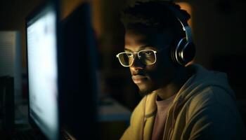 Young adult businessman working late, listening with headphones indoors generated by AI photo