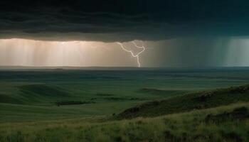 Majestic mountain range, dramatic sky, sunset, green meadow, awe inspiring beauty generated by AI photo