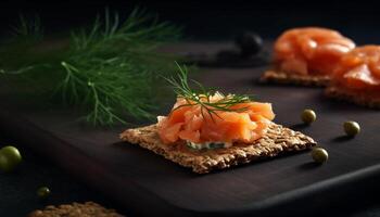 Smoked salmon canape with dill, parsley, and sesame seeds generated by AI photo