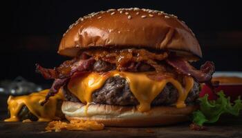 A la parrilla carne de vaca hamburguesa con queso, cebolla, y tomate en bollo generado por ai foto