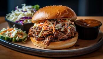 Grilled pulled pork sandwich with coleslaw and fries, a classic generated by AI photo