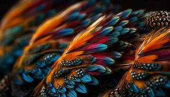 Vibrant multi colored peacock feathers showcase nature beauty in abstract design generated by AI photo