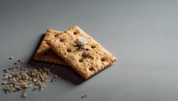 Crunchy homemade whole wheat biscuit stack on wooden table background generated by AI photo