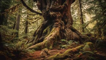 Ancient coniferous tree stands tall in foggy wilderness area generated by AI photo