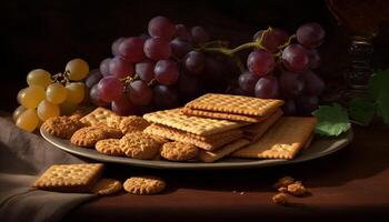 Fresco uva galleta bocadillo en rústico de madera mesa, indulgente refresco generado por ai foto
