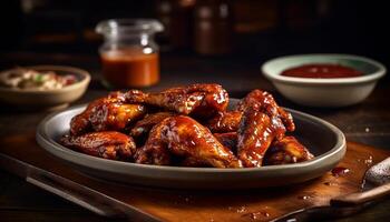 Grilled buffalo chicken wings, spicy dip, rustic pub lunch plate generated by AI photo