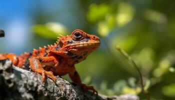 Multi colored gecko perching on branch, looking at tropical plant generated by AI photo