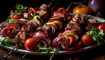 Grilled meat skewers with fresh vegetables, a gourmet summer meal generated by AI photo
