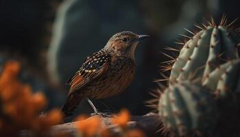 Small songbird perching on branch, feathers and beak in focus generated by AI photo