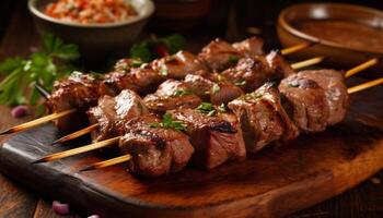 A la parrilla carne brochetas con sabroso salsa, Fresco verduras, y especias generado por ai foto