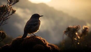 silueta de pájaro encaramado en rama, espalda iluminado por puesta de sol generado por ai foto