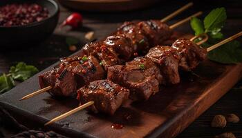 Grilled meat skewers on rustic wood plate, ready to eat indulgence generated by AI photo