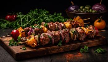 Grilled meat skewers with fresh vegetables, a gourmet lunch feast generated by AI photo