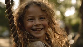 linda caucásico niña sonriente con confianza, disfrutando juguetón fin de semana ocupaciones generado por ai foto