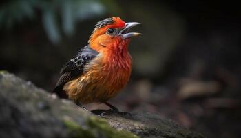 Colorful bird perched on branch, gazing at camera in forest generated by AI photo