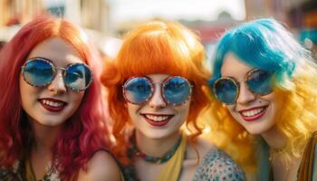 sonriente joven adulto hembras en Gafas de sol disfrutar verano fiesta al aire libre generado por ai foto
