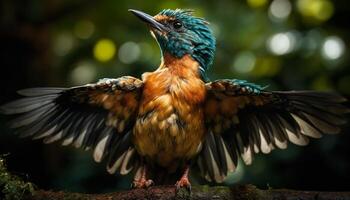 Iridescent starling perching on branch, spread wings, tropical rainforest generated by AI photo