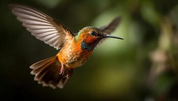 colibrí flotando medio aire, extensión iridiscente multi de colores alas para polinización generado por ai foto
