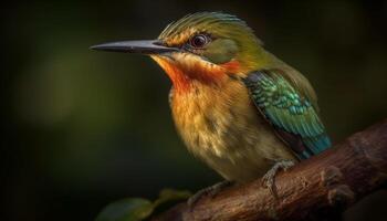 Vibrant bee eater perching on branch, alert in tranquil forest generated by AI photo